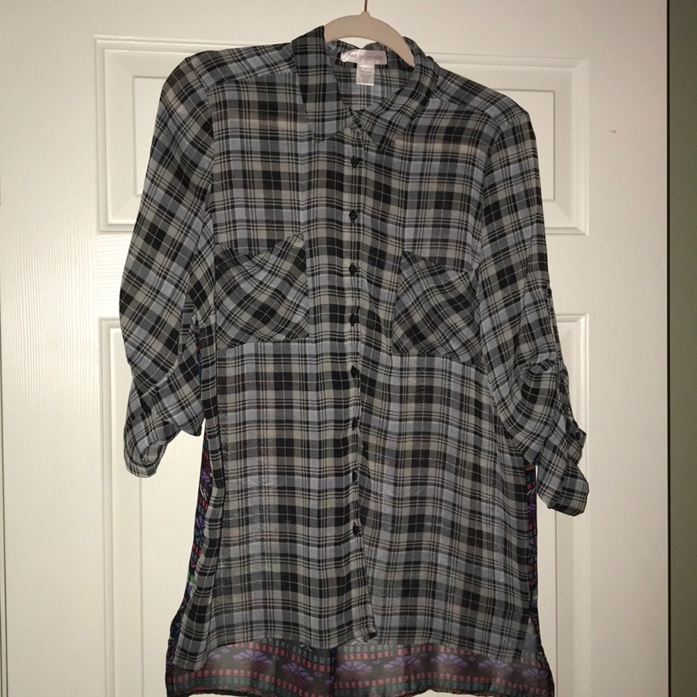 Sheer plaid/tribal print shirt